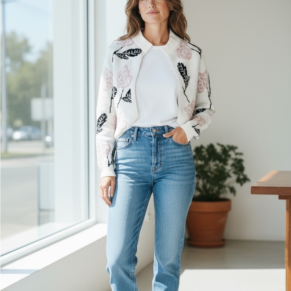 Anthropologie White and Pink Floral Shrug cardigan